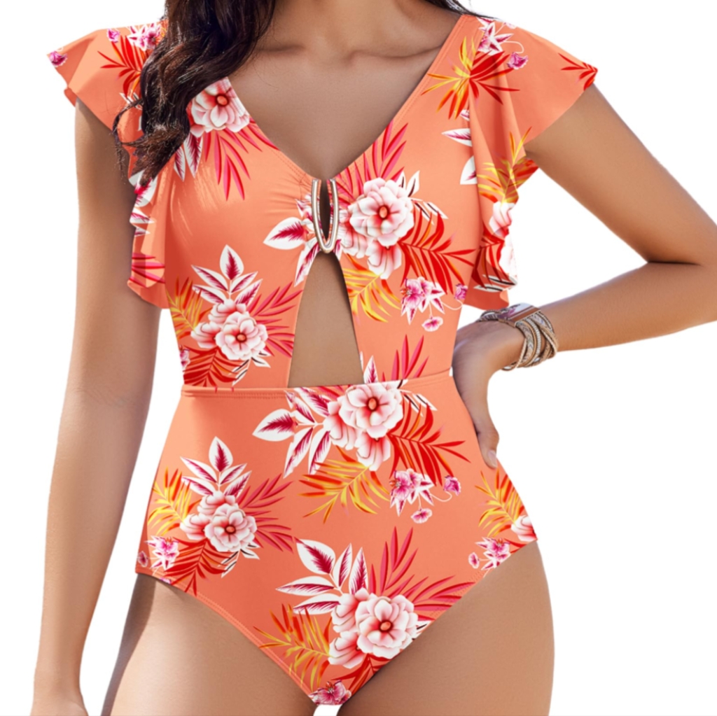 Womens Size Large V Neck Floral One Piece Swimsuit Cutout Tummy Control Ruffle